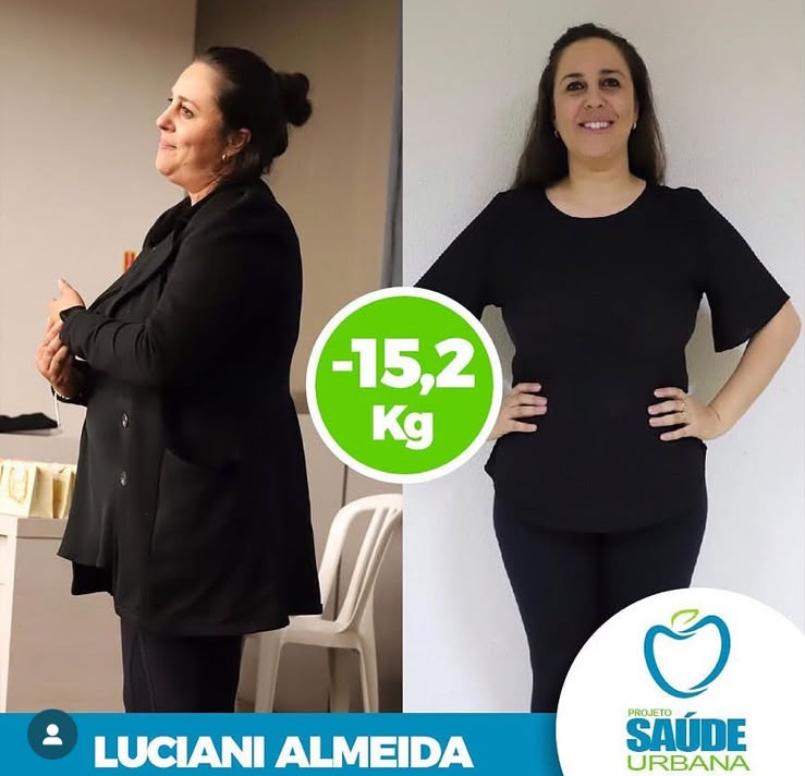 Luciani Almeida — antes e depois, −15,2 kg no protocolo